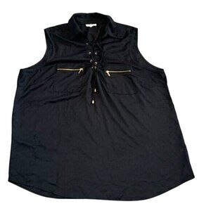Sleeveless Black Lace-Up Blouse With Gold Zipper Pockets Mileage Brand 3X Polyes
